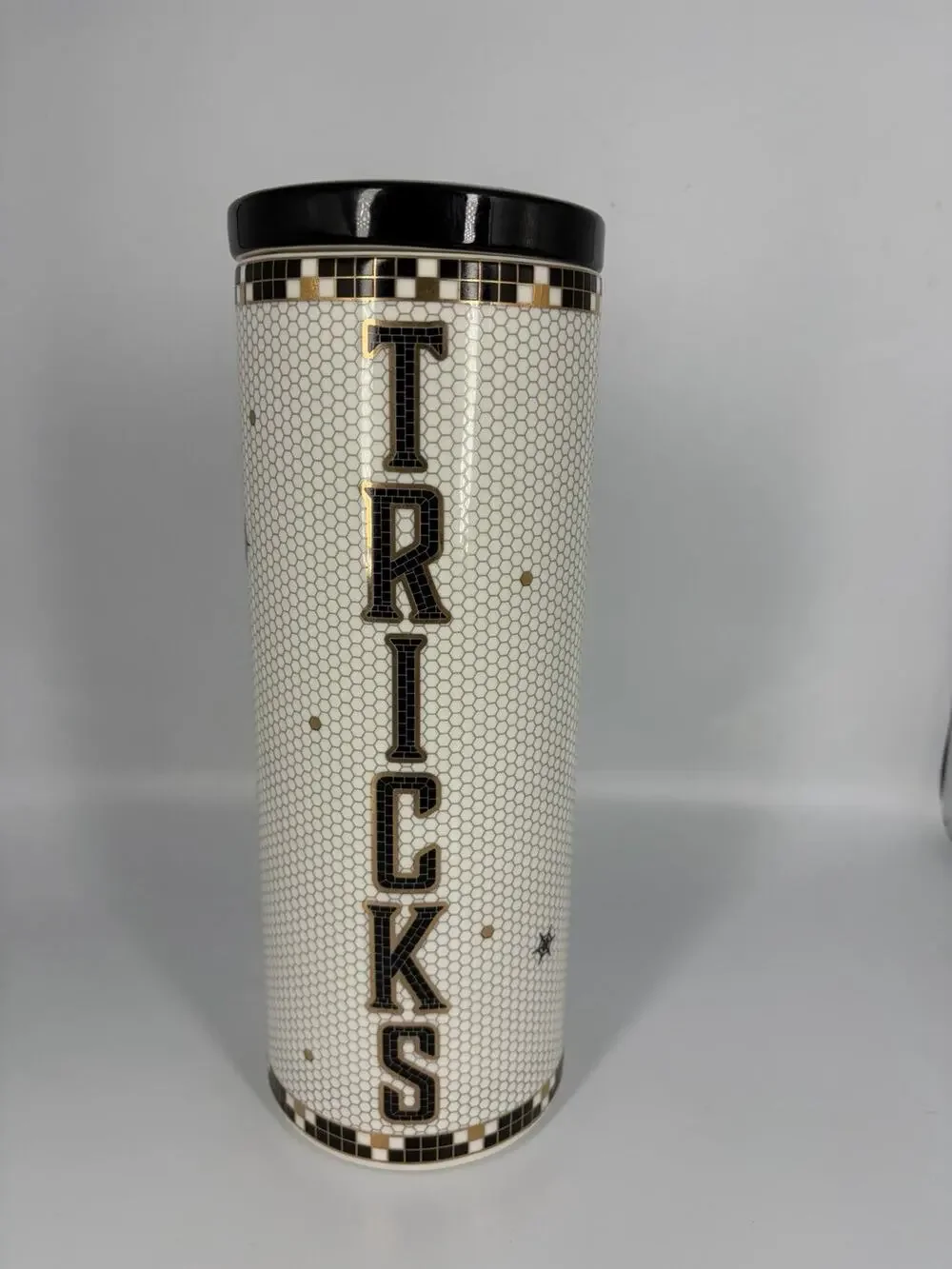Anthropologie Bistro Tile Stoneware 24k Gold Accent Halloween Canister